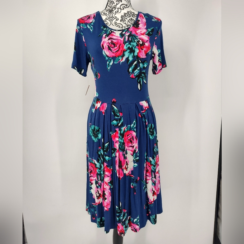 Dou BCQ Chic Floral Short Sleeve Midi Dress in Navy and Pink Women's Size Medium